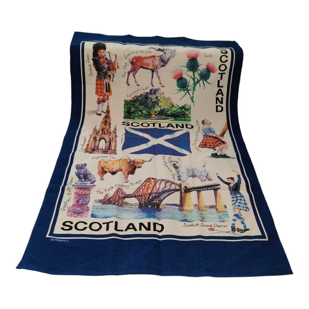 Scotland Tea Towel Blue Edge with Historical Scotland Scenes 100% Cotton Elgate
